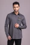 Buy_AMIT ARORA_Grey Cotton Knit Woven Patch Stripe Shirt _at_Aza_Fashions