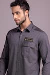 Shop_AMIT ARORA_Grey Cotton Knit Woven Patch Stripe Shirt _Online_at_Aza_Fashions