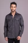 AMIT ARORA_Grey Cotton Knit Patch Placed Pattern Shirt _Online_at_Aza_Fashions