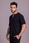 AMIT ARORA_Black Cotton Knit Threadwork Half Sleeves T-shirt _Online_at_Aza_Fashions