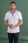 Buy_AMIT ARORA_White Cotton Knit Threadwork Contrast Border T-shirt _at_Aza_Fashions