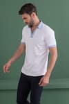 AMIT ARORA_White Cotton Knit Threadwork Contrast Border T-shirt _Online_at_Aza_Fashions