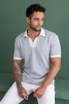 Buy_AMIT ARORA_Blue Cotton Knit Textured Threadwork T-shirt _at_Aza_Fashions