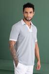 Shop_AMIT ARORA_Blue Cotton Knit Textured Threadwork T-shirt _Online_at_Aza_Fashions