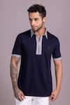 Buy_AMIT ARORA_Blue Cotton Knit Threadwork Contrast Border T-shirt _at_Aza_Fashions