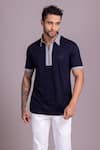 AMIT ARORA_Blue Cotton Knit Threadwork Contrast Border T-shirt _Online_at_Aza_Fashions