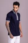 Shop_AMIT ARORA_Blue Cotton Knit Threadwork Contrast Border T-shirt _Online_at_Aza_Fashions