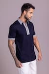 Buy_AMIT ARORA_Blue Cotton Knit Threadwork Contrast Border T-shirt 