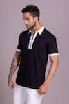 Buy_AMIT ARORA_Black Cotton Knit Threadwork Contrast Border T-shirt _at_Aza_Fashions