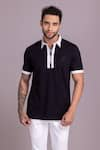 AMIT ARORA_Black Cotton Knit Threadwork Contrast Border T-shirt _Online_at_Aza_Fashions