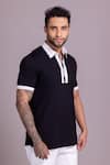 Buy_AMIT ARORA_Black Cotton Knit Threadwork Contrast Border T-shirt _Online_at_Aza_Fashions