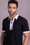 Shop_AMIT ARORA_Black Cotton Knit Threadwork Contrast Border T-shirt _Online_at_Aza_Fashions