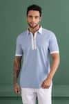 Buy_AMIT ARORA_Sky Blue Cotton Knit Threadwork Polo Neck T-shirt _at_Aza_Fashions