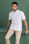 Buy_AMIT ARORA_White Cotton Knit Threadwork Mandarin Collar T-shirt _at_Aza_Fashions