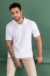 AMIT ARORA_White Cotton Knit Threadwork Mandarin Collar T-shirt _Online_at_Aza_Fashions