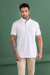 Buy_AMIT ARORA_White Cotton Knit Threadwork Mandarin Collar T-shirt _Online_at_Aza_Fashions