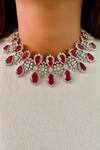 Shop_PRERTO_Red Stones, Crystals Infinite Ruby Swarovski Floral Necklace Set_at_Aza_Fashions