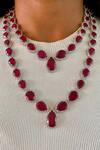 Shop_PRERTO_Red Smocking, Crystals, Stones Layered Ruby Tear Drop Necklace Set_at_Aza_Fashions