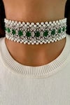 Shop_PRERTO_Green Pearls, Stones, Maharani Emerald Swarovski Choker Layered Necklace Set _at_Aza_Fashions