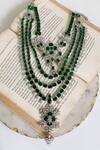 PRERTO_Green Diamonds, Stones Quad Layered Statement Chandelier Emerald Necklace Set_Online_at_Aza_Fashions