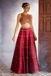 Buy_Aariyana Couture_Maroon Bamber Silk Embroidered Floral Closed Round Neck Skirt And Blouse Set _Online