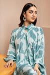 Shop_Dohr India_Blue Tunic Crepe (100% Viscose) Print Floral Band Collar Asymmetric With Pant _Online_at_Aza_Fashions