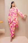 Buy_Dohr India_Pink Tunic Crepe (100% Viscose) Print Floral Band Collar Cross Neck With Pant _at_Aza_Fashions