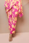 Dohr India_Pink Tunic Crepe (100% Viscose) Print Floral Band Collar Cross Neck With Pant _Online_at_Aza_Fashions