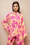 Buy_Dohr India_Pink Tunic Crepe (100% Viscose) Print Floral Band Collar Cross Neck With Pant _Online_at_Aza_Fashions