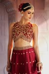 Shop_Aariyana Couture_Maroon Bamber Silk Embroidered Floral Closed Round Neck Skirt And Blouse Set _at_Aza_Fashions