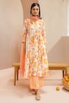 Buy_Dohr India_Orange Kurta And Pant Cotton Dobby Embroidered Lace A-line Floral Print Set _at_Aza_Fashions