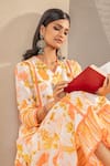 Dohr India_Orange Kurta And Pant Cotton Dobby Embroidered Lace A-line Floral Print Set _at_Aza_Fashions