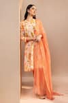 Buy_Dohr India_Orange Kurta And Pant Cotton Dobby Printed Lace Keyhole A-line Floral Short Set _at_Aza_Fashions