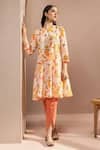 Dohr India_Orange Kurta And Pant Cotton Dobby Printed Lace Keyhole A-line Floral Short Set _Online_at_Aza_Fashions