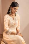 Shop_Dohr India_Peach Kurta Schiffli And Dobby Embroidered Straight Pant Set _Online_at_Aza_Fashions