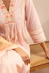 Dohr India_Pink Kurta Cotton Slub Jacquard Embroidered Aari V-neck A-line Pant Set _Online_at_Aza_Fashions