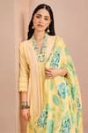 Dohr India_Yellow Kurta Cotton Slub Jacquard Embroidered Aari V-neck A-line Pant Set _Online_at_Aza_Fashions