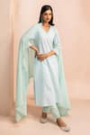 Buy_Dohr India_Blue Kurta Cotton Schiffli Embroidered Faux Pearl V-neck Tonal Pant Set _at_Aza_Fashions