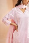 Dohr India_Pink Kurta Cotton Schiffli Embroidered Faux Pearl V-neck Solid Pant Set _Online_at_Aza_Fashions