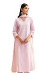 Shop_Dohr India_Pink Kurta Cotton Schiffli Embroidered Faux Pearl V-neck Solid Pant Set _Online_at_Aza_Fashions