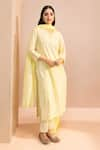 Buy_Dohr India_Yellow Kurta Cotton Schiffli Embroidered Faux Pearl V-neck Solid Set _at_Aza_Fashions