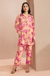 Buy_Dohr India_Pink Top Crepe Printed Floral Collared With Pant _at_Aza_Fashions