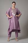 Buy_Joy Mitra_Purple Chanderi Embroidered Sequin Round Paisley Kaftan With Pant _at_Aza_Fashions