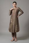 Buy_Joy Mitra_Brown Chanderi Embroidered Sequin Round Floral Blossom Kurta With Pant _at_Aza_Fashions