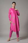 Buy_Joy Mitra_Pink Chanderi Embroidered Sequin Round Flower Kurta With Pant _at_Aza_Fashions