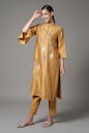 Shop_Joy Mitra_Yellow Chanderi Embroidered Thread Mandarin Floral Placement Kurta And Pant Set _Online_at_Aza_Fashions