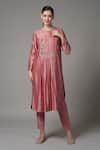 Buy_Joy Mitra_Pink Chanderi Embroidered Thread Round Kurta And Pant Set _at_Aza_Fashions