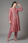 Shop_Joy Mitra_Pink Chanderi Embroidered Thread Round Kurta And Pant Set _Online_at_Aza_Fashions