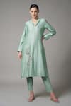 Buy_Joy Mitra_Green Chanderi Embroidered Sequin Collared Placement Floral Kurta And Pant Set _at_Aza_Fashions