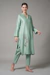 Buy_Joy Mitra_Green Chanderi Embroidered Sequin Collared Placement Floral Kurta And Pant Set _Online_at_Aza_Fashions